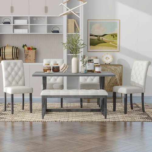 Merax 6-Piece Farmhouse Dining Table and Chair Set, 60'' Solid Wood Rectangular Kitchen Table Set with 4 Upholstered Chairs & 1 Bench for Kitchen Room, Gray Wash+Beige