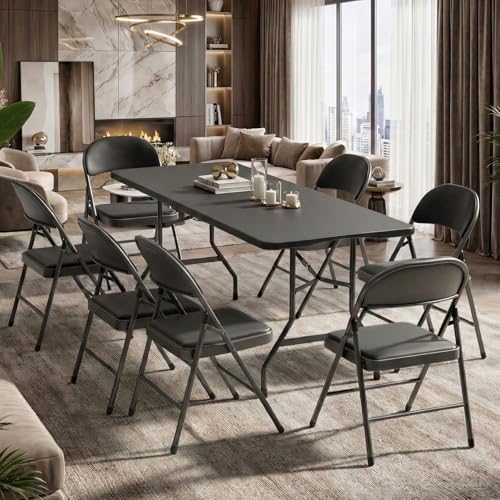 6FT Black Plastic Folding Table Set with 6 Black PU Padded Chairs