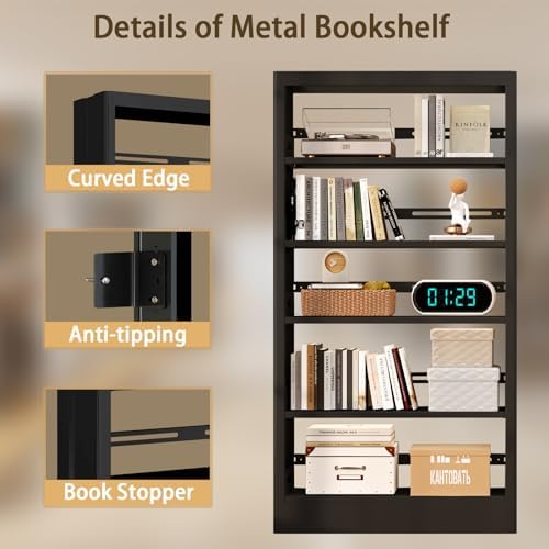 71"H Metal Bookshelf, 5 Tier Bookcase with Adjustable Shelves, Tall Bookcase,Heavy Duty Storage Bookshelves for Library, Office, Bedroom, Living Room, Classroom, Including Book Stopper (Black)
