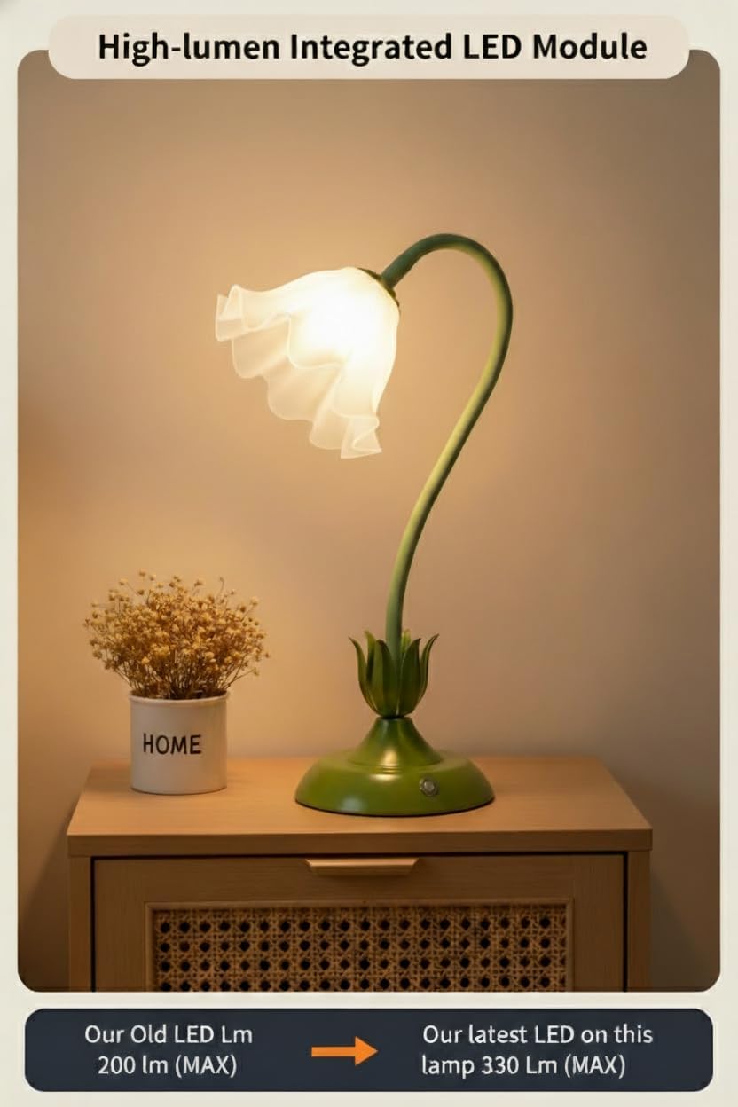 Cordless Flower Table Lamp Green, Valentine‘s Gift, 5200-mAh Rechargeable Tou...