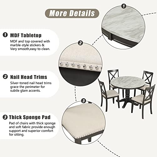 LUMISOL Round Dining Table Set for 4, Faux Marble Kitchen Table Set with 4 Upholstered Chairs for Kitchen, Dining Room, Small Space, Muddy Gray