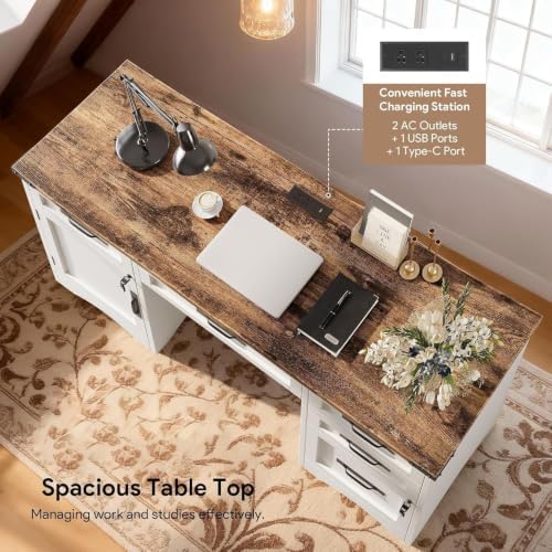 Decofy Farmhouse Executive Desk with Drawers, 55" Home Office Desks with Fast Charging Station, Lockable File Cabinet, Wood Writing Computer Desk for Work, Study