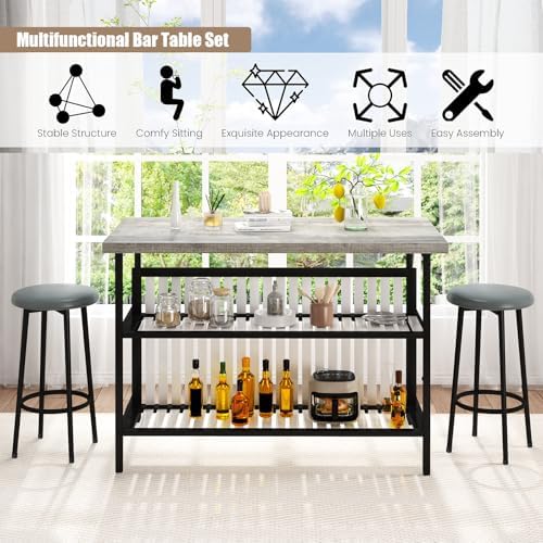AWQM Kitchen Island with Seating & Storage, Bar Table and Chair Set, Grey