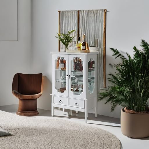 Kings Brand Furniture - Curio Accent Storage Cabinet with Doors, Glass Shelve...