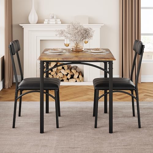 3-Piece Dining Table Set for 2, Kitchen Table Set with 2 Upholstered Chairs, Square Dining Table Set for Apartment, Studio, Small Space, Brown