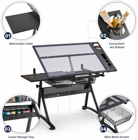 Yaheetech Adjustable Drafting Table & Stool, Tilting Glass Art Desk, Black