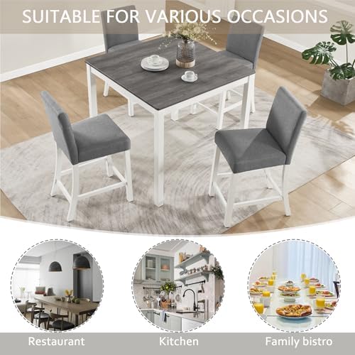 RuiSiSi 5-Piece Counter Height Dining Table Set, Square Dining Table White with 4 Upholstered Chairs, Solid Wood Kitchen Table and Chairs Set for Kitchen, Home Bar, Grey