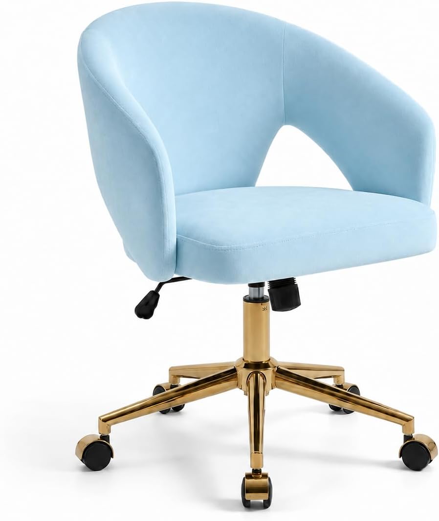 Velvet Vanity Armchair with Wheels, Comfy Upholstered Desk Seat ,Bule