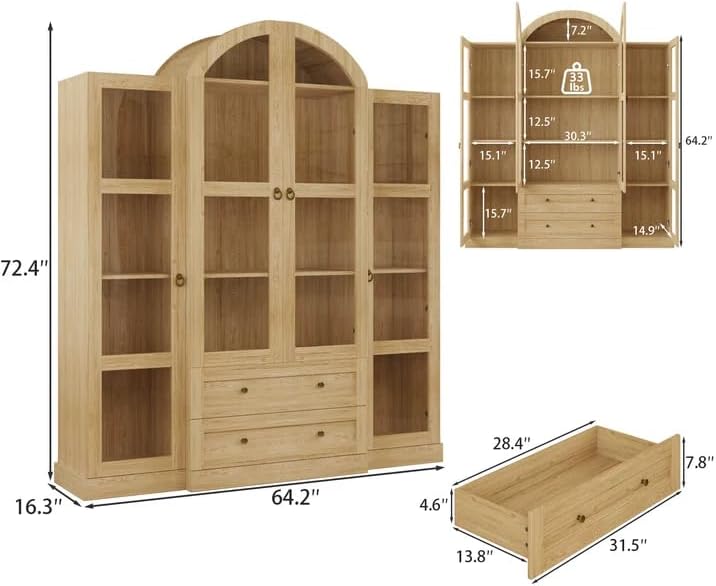 72.4" Tall Farmhouse Display Cabinet with Glass Doors, Natural