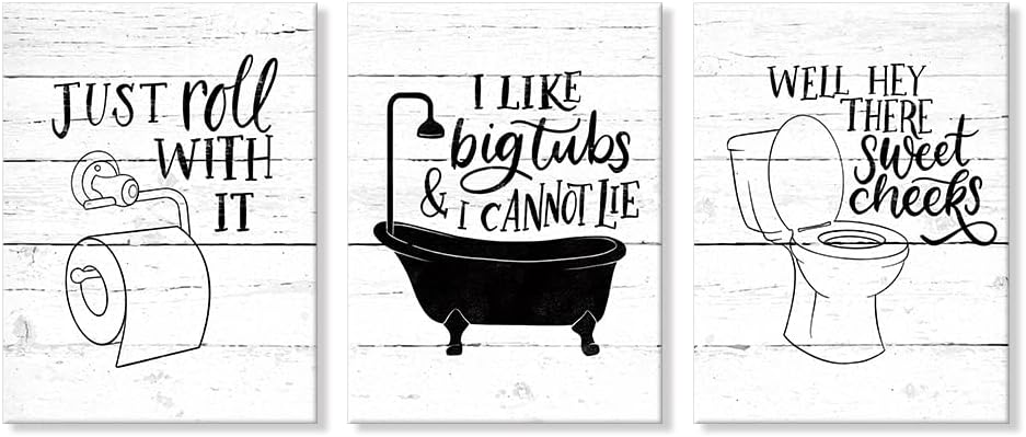 Funny Bathroom Canvas Wall Art Black and White Toilet Bathtub Bath Set Poster...