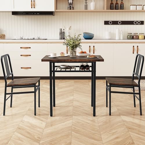 GIANTEX 3-Piece Dining Table Set, Rectangular Kitchen Table with Storage Rack and 2 Dining Chairs, Heavy-Duty Metal Frame, Space-Saving Dinette Set for Breakfast Nook, Apartment (Brown + Black)