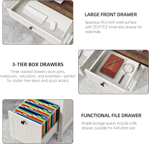 White Farmhouse Desk 45" with 4 Drawers & Charging Station