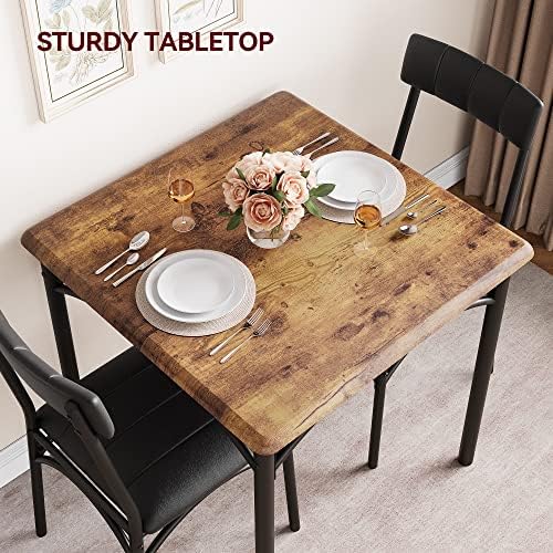 GarveeHome Dining Table Set for 2, Kitchen Table with 2 Upholstered Chairs, Wood Square Dining Table and Chairs Set for Small Space, Apartment, Dinner, Rustic Brown