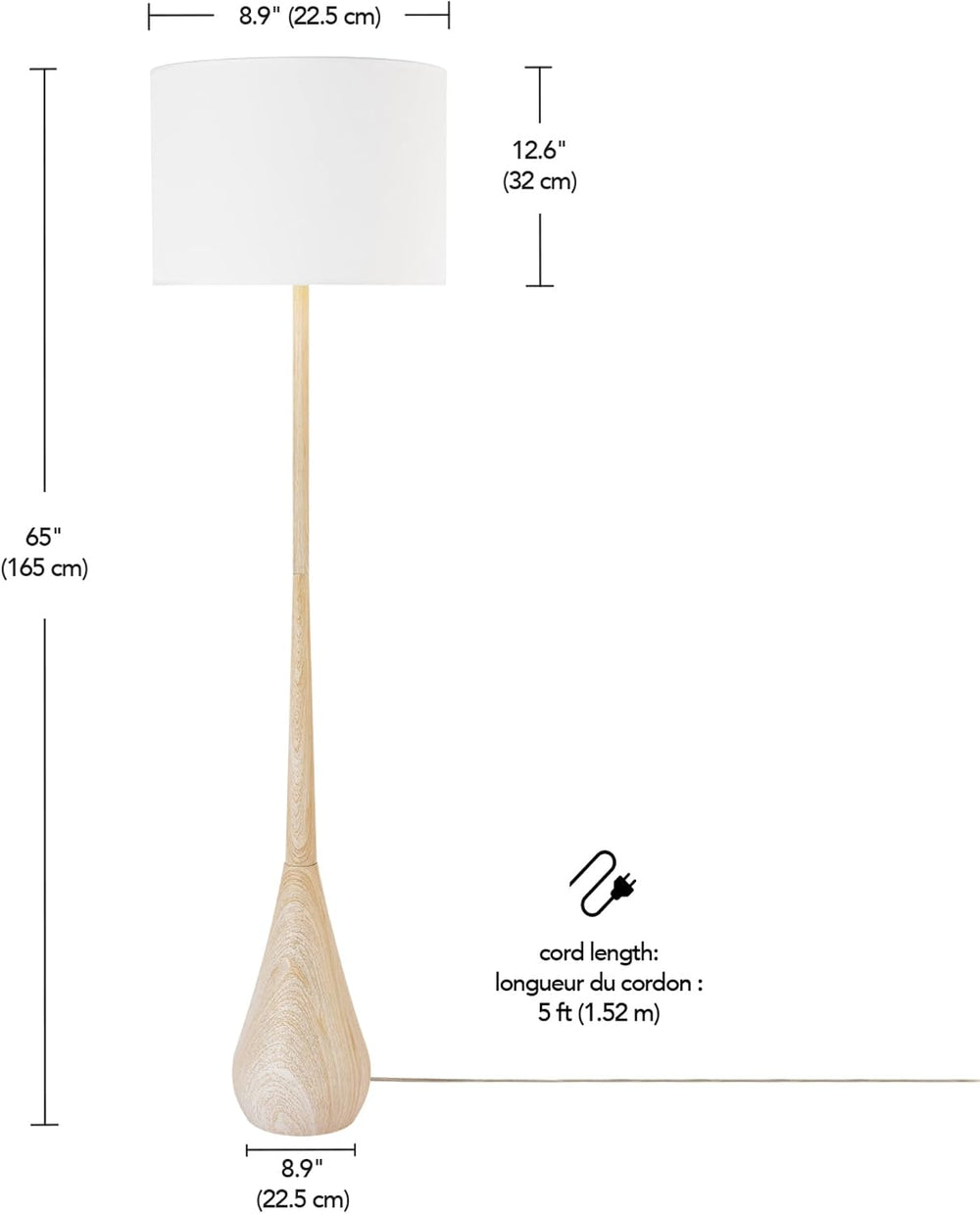 Globe Electric 65" Floor Lamp, Wood-Toned Finish, White Cotton Shade, Ja...