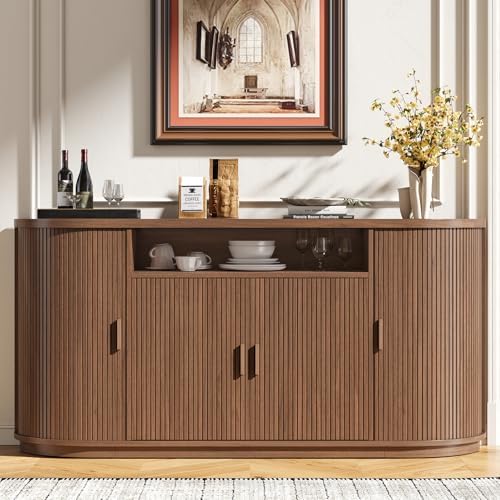 63" Sideboard Buffet Cabinet with Storage, Modern Fluted Credenza, Walnut
