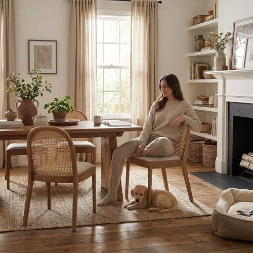 DUOMAY Mid-Century Modern Rattan Dining Chairs Set of 2, Wooden Dining Room Chair with Cane Backrest and Padded Seat, Linen Upholstered Dining Chair, Natural Finish, Beige