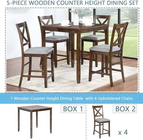 LUMISOL Dining Table Set for 4, Farmhouse Counter Height Kitchen Table Set with 4 Upholstered Chairs, 5-Piece Solid Wood Table and Chairs Set for Kitchen, Dining Room, Small Space, Walnut