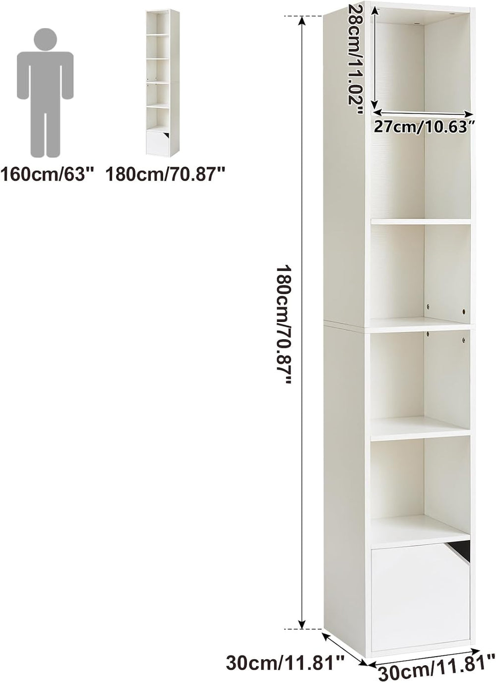 IBUYKE 6 Tier Narrow Bookcase with Doors,Display Bookshelf,White WBC001W