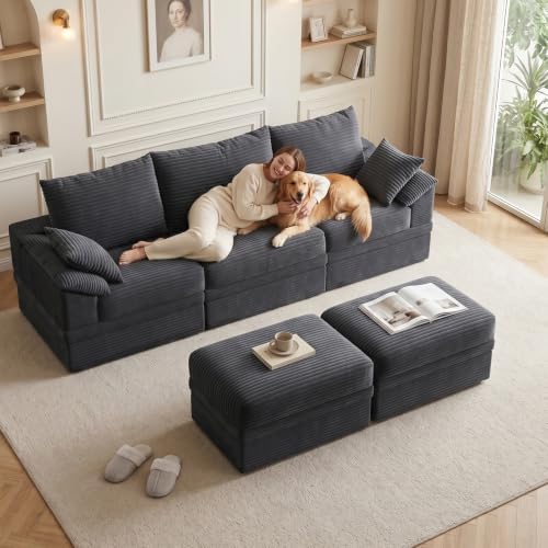 107" Modular Sectional Sofa Couch with Storage,U-Shape 3 Seat Comfy Modern Cloud Couch Sofa with Ottoman, 27" Deep Seat Corduroy Sofa for Living Room, Tool-Free Assembly -Dark Grey