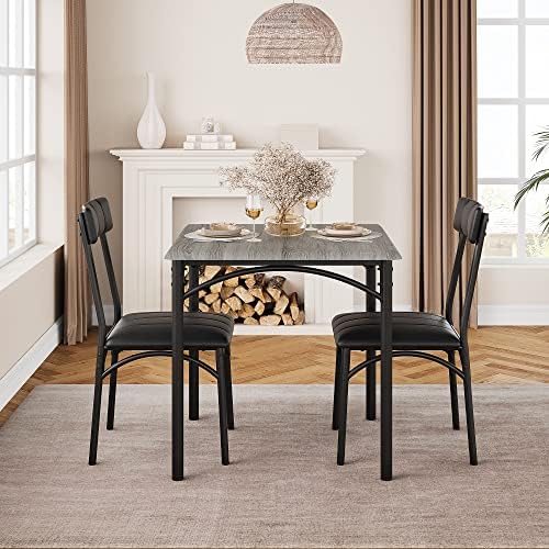 GAOMON Dining Table Set for 2, Kitchen Table and Chairs for 2 with Upholstered Chairs, 3 Piece Dining Room Table Set, Square Kitchen Table Set for Small Space, Apartment, Studio, Rustic Gray