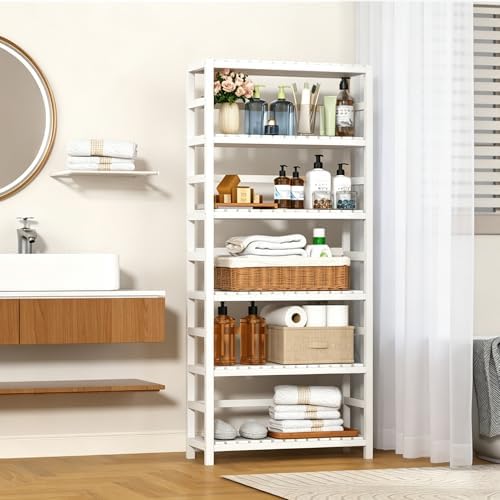 VASMIA 6-Tier Bamboo Shelf,Bamboo Storage Shelving Unit,Tall Bookcase with Adjustable Shelves,Multipurpose Storage Display Shelf for Bathroom, Living Room, Balcony, Kitchen,White