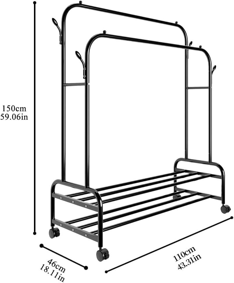 Sturdy Metal Double Rodding Clothes Rack With Wheels, Portable Clothing Rack ...
