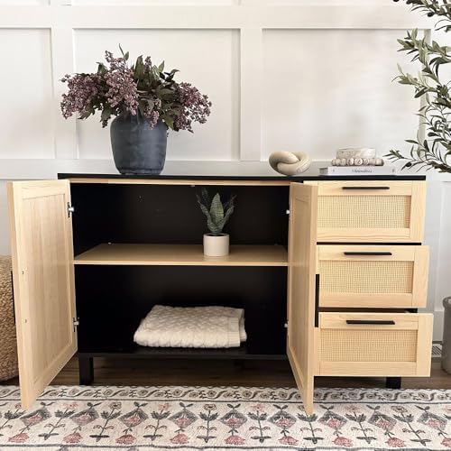 PHI VILLA Black Rattan Cabinet with Doors, Buffet Sideboard Cabinet with Drawers, 2 Door Storage Cabinets