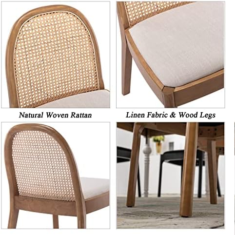 DUOMAY Mid-Century Modern Rattan Dining Chairs Set of 2, Wooden Dining Room Chair with Cane Backrest and Padded Seat, Linen Upholstered Dining Chair, Natural Finish, Beige