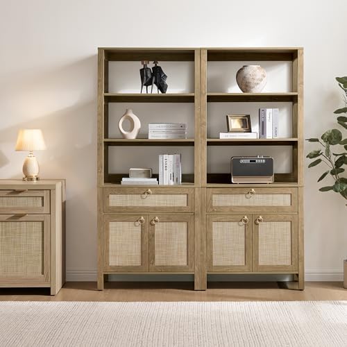 SICOTAS 68.5" Tall Boho Rattan Bookshelf with Single Drawer & Storage Doors