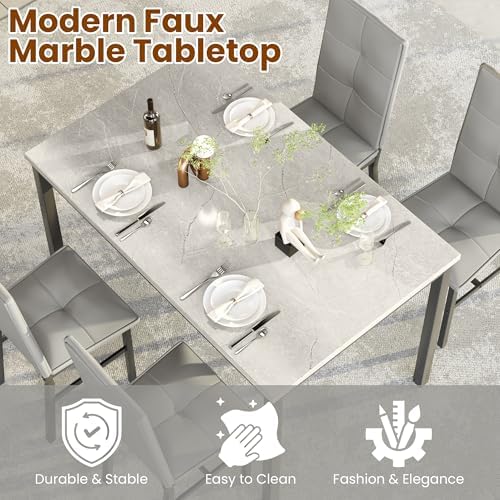 Hooseng Dining Table Set for 4, Faux Marble Small Kitchen Table with 4 PU Leather Chairs, Modern 5 Piece Dinner Table Set for Dining Room, Breakfast Nook, Samll Space, Grey