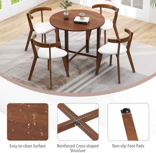 GIANTEX 36" Folding Dining Table for 2-4, Extendable Drop Leaf Kitchen Table with Solid Rubber Wood Frame, Space-Saving Round Dinner Table for Small Space, Living Dining Room, Dinette, Walnut