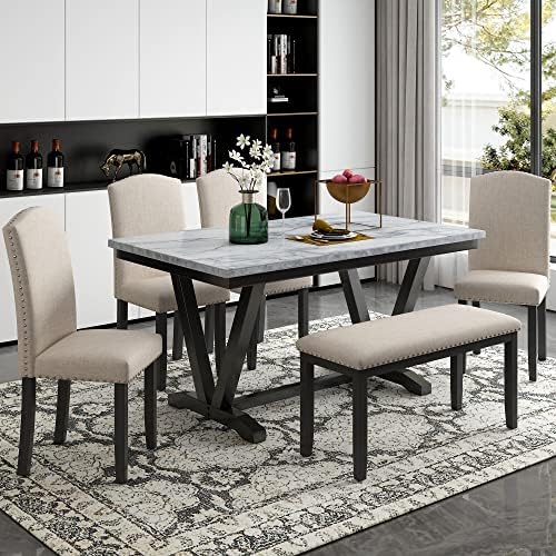 Merax Modern 6-piece Dining Table with Cushions Chairs and Bench, Elegant Dining Table Seat Backs for Dining Room, White