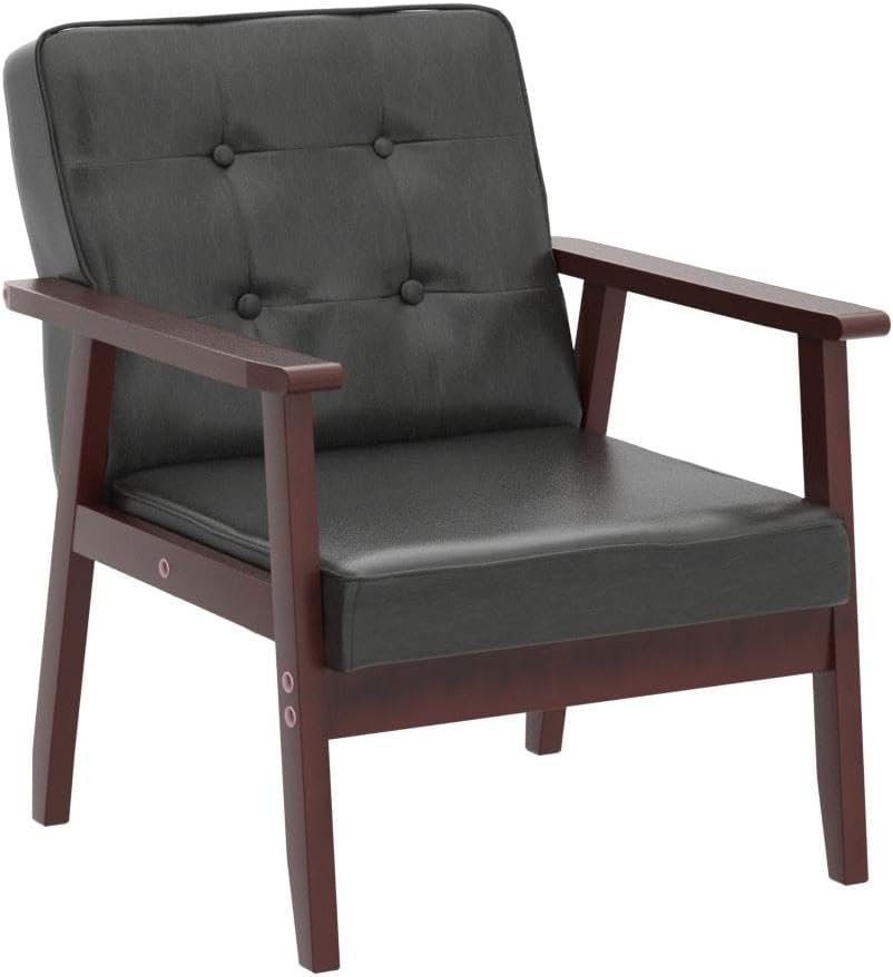 Okeysen Mid Century Modern Accent Chair, Retro Wood and Leather Armchairs Sid...