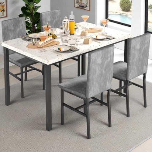 Hooseng Dining Table Set for 4, Kitchen Table and Chairs Set for 4, Small Dining Table Set with Faux Marble Table top & 4 Velvet Upholstered Dining Chairs Dining Room Table Set for Small Space, Gray