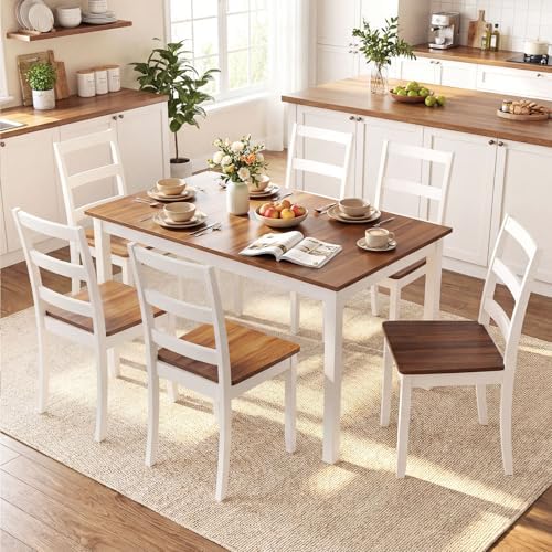 Giantex 7-Piece Dining Table Set for 6, Rectangular 60-inches Kitchen Table and 6 Dining Chairs with Rubber Wood Legs, Protective Foot Pads, Farmhouse Dinette Set for Dining Room, Restaurant (Brown)