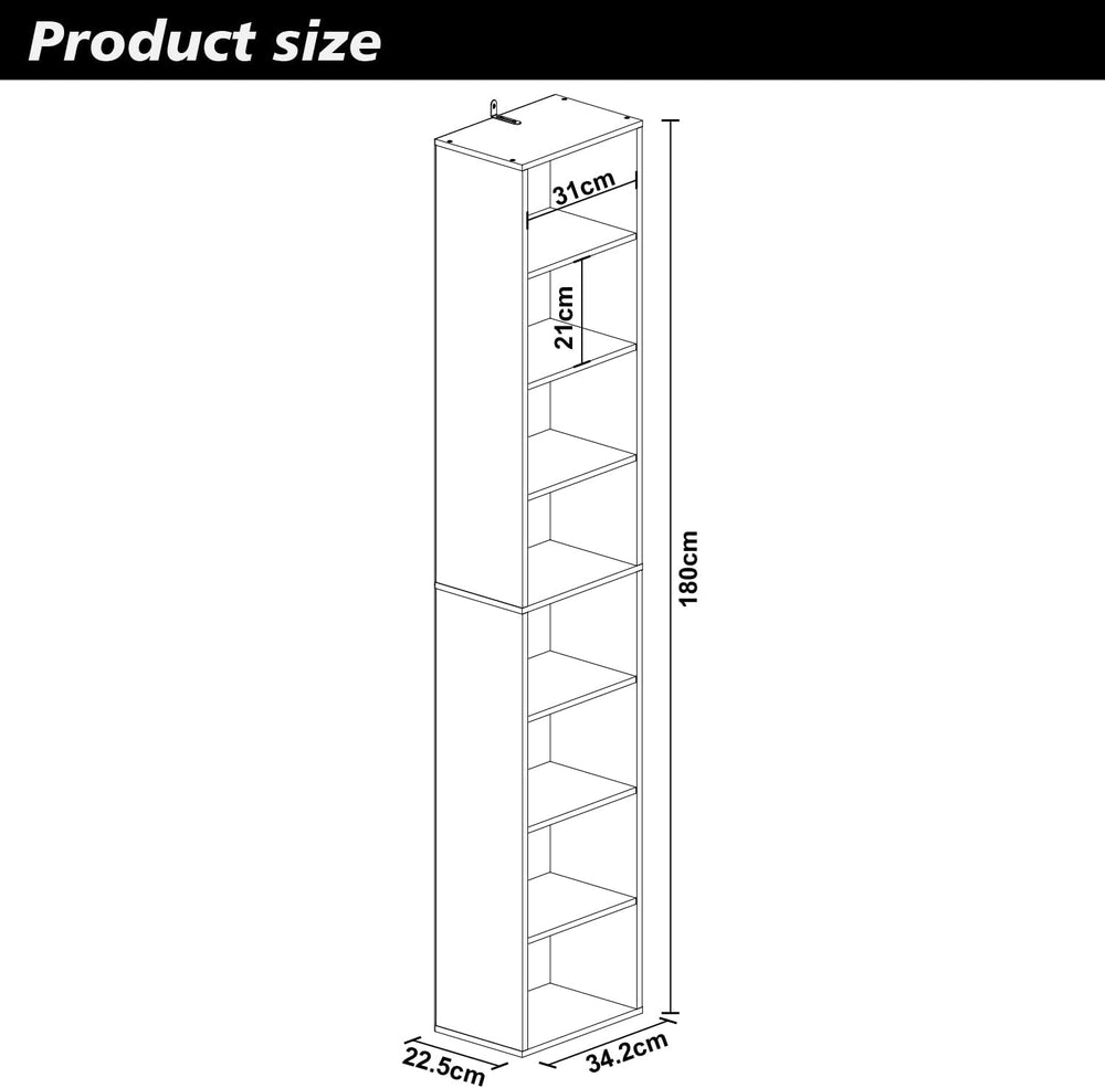 Panana 8 Tier Storage Shelf Bookcase, Slim Organizer Shelves Cabinet Tall Nar...