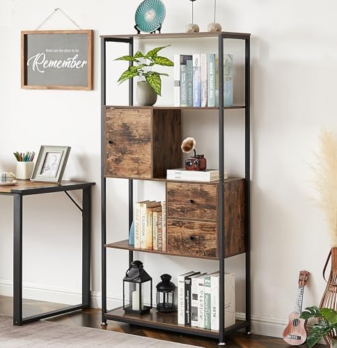 VECELO 5-Tier Bookshelf,Bookcase with Drawers and Cabinet,62"x 31"x 12",Wooden Book Shelves with Metal Frame,Open Storage Shelf for Living Room, Bedroom,Office,Kichen，Brown