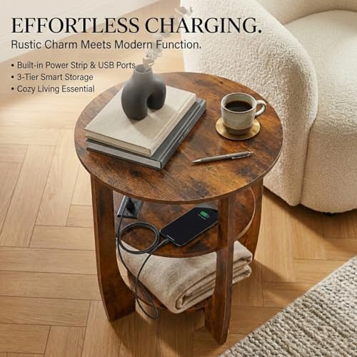 Round Side Table with Charging Station,19.7" D,Rustic Brown