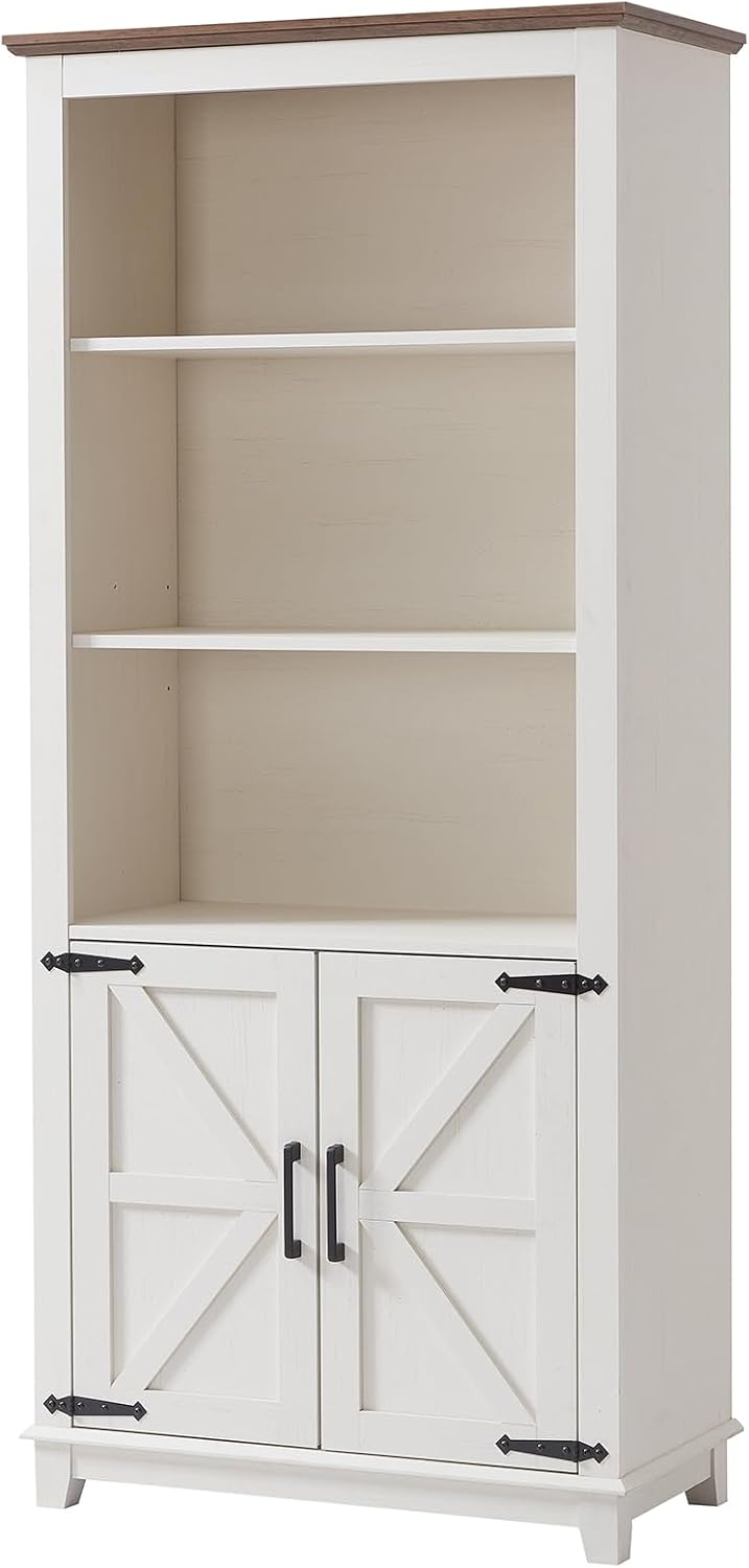 AMERLIFE 5-Tier Farmhouse Bookcase with Barn Door Storage, Rustic White