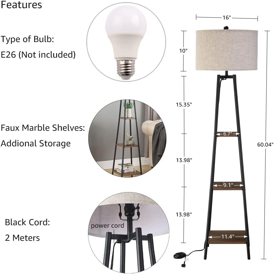 ROSEN GARDEN Floor Lamp, Standing Reading Light with Shelves and Fabric Shade...