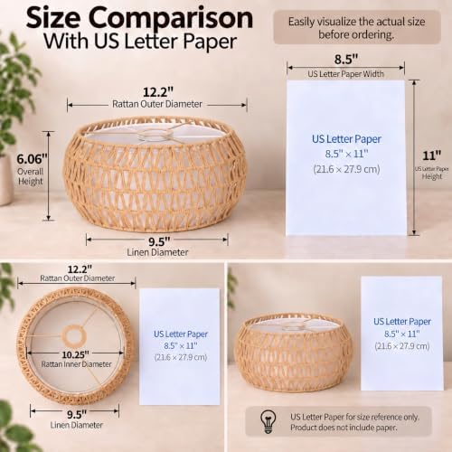 Boho Rattan Lamp Shade, 12.2" Top x 12.2" Bottom x 6.06" High,...