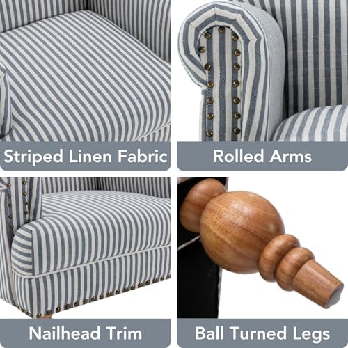 Blue Striped Linen Fabric Accent Chair, Coastal Upholstered Armchair with Nailhead Trim & Ball Turned Wood Legs, Modern Farmhouse Club Chair for Living Room Bedroom Guest Room