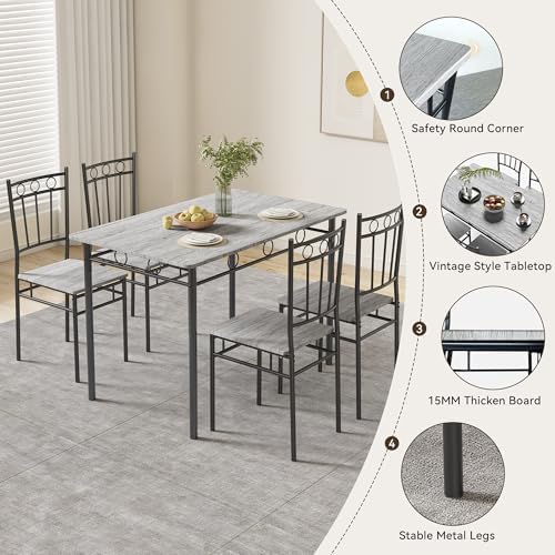 Rectangular Dining Room Table Set with 4 Chairs, Space-Saving Kitchen Table Set for Small Space, Retro Grey