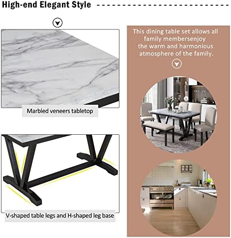 Merax Modern 6-piece Dining Table with Cushions Chairs and Bench, Elegant Dining Table Seat Backs for Dining Room, White