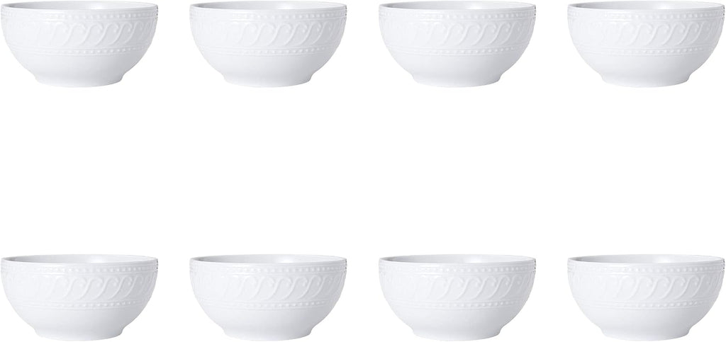 Pfaltzgraff Sylvia Dinnerware Set 32-Piece Service for 8 - White Porcelain Dinner Plates, Salad Plates, Soup Bowls and Mugs with Embossed Scrollwork