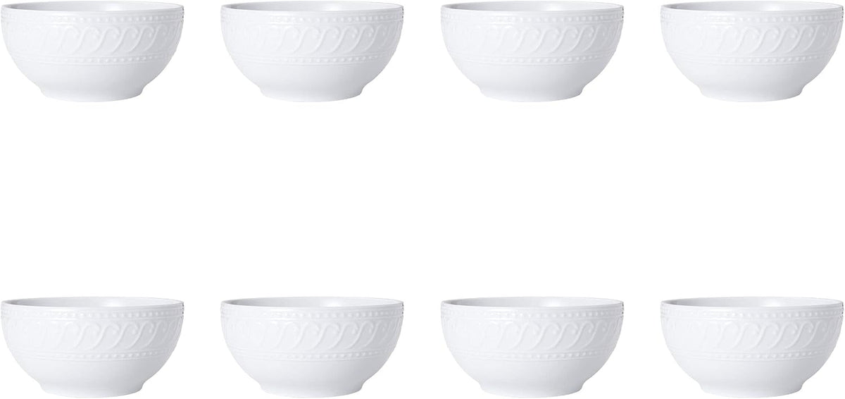 Pfaltzgraff Sylvia Dinnerware Set 32-Piece Service for 8 - White Porcelain Dinner Plates, Salad Plates, Soup Bowls and Mugs with Embossed Scrollwork