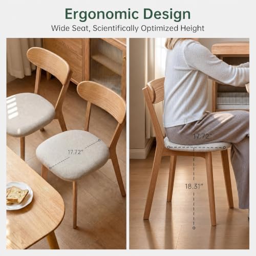 100% Solid Wood Upholstered Dining Chairs, Mid Century Modern Oak Dining Chairs with Curved Back Design with Butterfly Wing Shape for Kitchen, Dining Room, Restaurant (1PK, Log Color-Beige Cushion)