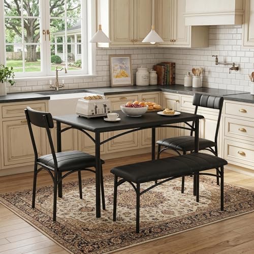 IDEALHOUSE Dining Table Set for 4, Kitchen Table with Chairs for 4, Rectangular Wood Dining Room Table Set with Upholstered Bench for Small Space, Dinner, Apartment, Retro Black