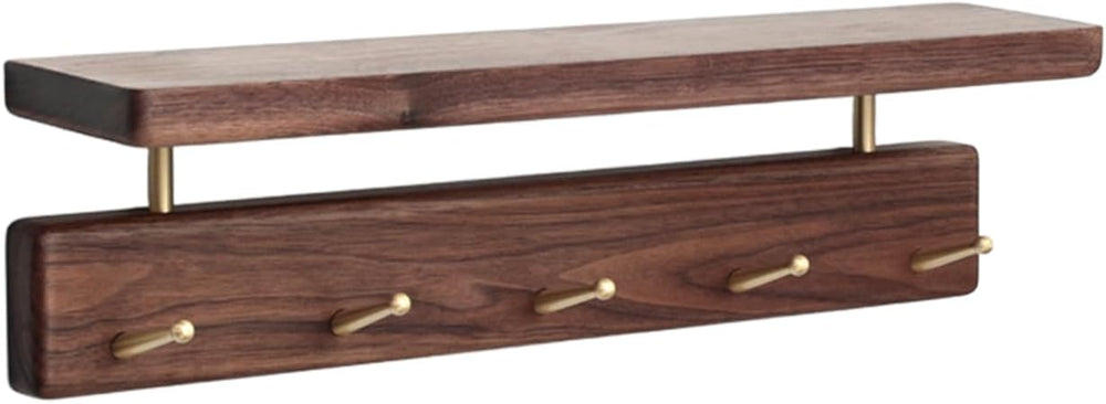 Walnut Wood Coat Rack with Shelf, Wall Mounted Rack with 5 Hooks