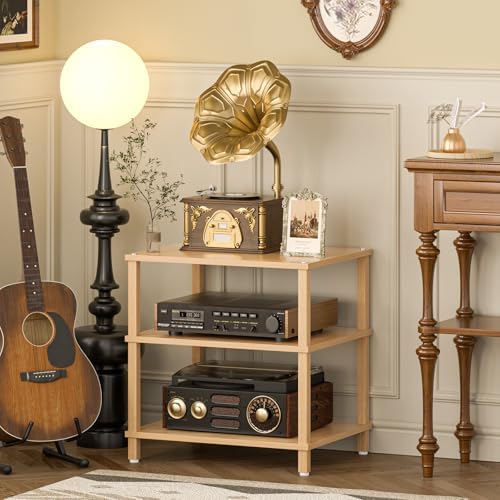 LELELINKY 3-Tier AV Media Player Stand, Natural Stereo Cabinet, Modern Audio Shelf, Wooden TV Stand,Game Console Shelf, Multifunctional Entertainment Center, Suitable for Home, Conference Room